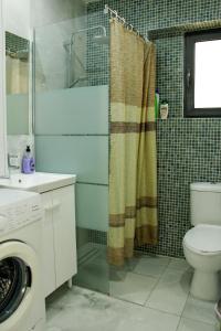 a bathroom with a shower with a toilet and a sink at Mediterranean Apartments 1 in Paphos City