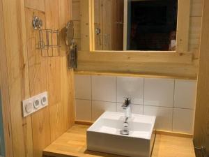 a bathroom with a white sink and a mirror at Charmant 3 Pièces pour 8 avec Balcon et Piscine à Vignec, près de Saint-Lary-Soulan - FR-1-504-27 in Vignec +16 photos
