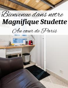 un grand salon avec un canapé et un bureau dans l'établissement Superbe Studette au cœur de l'ile Saint Louis - 1 personne, à Paris