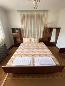 a bedroom with a large bed with two pillows at Къща за гости "Домът на Краси" in Yagodina