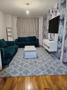 a living room with a couch and a tv at Three bedroom house with a park in Dagenham
