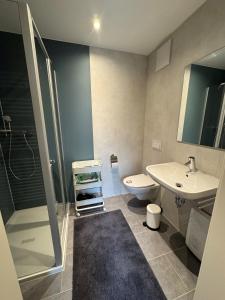 a bathroom with a shower and a toilet and a sink at Hochfirst Waldlodge in Lenzkirch +14 photos