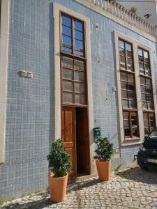 a building with two potted plants in front of a door at Casa David Duplex in Olhão