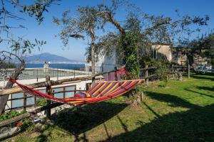 a red hammock hanging from a tree in a yard at L'antica Pigna Chateau in Vico Equense