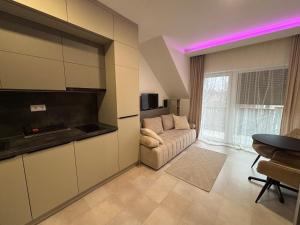 a living room with a couch and a table at LaMira Apartment in Hajdúszoboszló