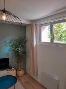 a living room with a window and a table at Le coucou, studio tout équipé proche gare in Saint-Brieuc