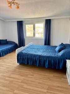 Un dormitorio con dos camas y dos ventanas. en Apartment Park View, en Sandanski