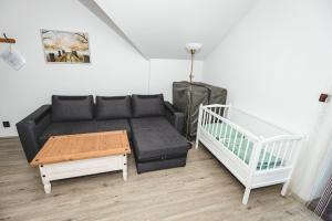 a living room with a black couch and a coffee table at wellness Chata u Pinkasů in Písečná