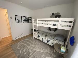 a bedroom with a white bunk bed with birds on it at Cozy Oaks Chesapeake Properties in Cape Charles +3 photos