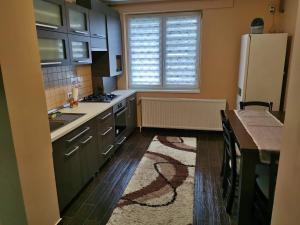 a kitchen with green cabinets and a refrigerator at Tranzit Apartman 2 in Odorheiu Secuiesc