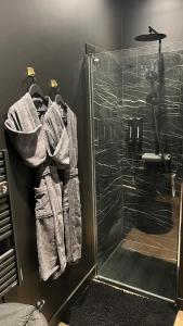 a bathroom with a shower and towels on a wall at Romantic apartment near Paris in Maintenon