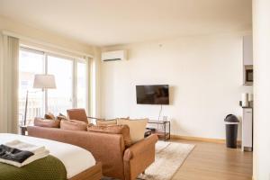 Μια τηλεόραση ή/και κέντρο ψυχαγωγίας στο Sunlit Modern Apartment with Balcony