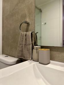 a bathroom sink with a towel and a mirror at Hermoso Estudio in Concepción +13 photos