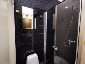 a bathroom with a shower with a toilet and a mirror at S7 Mint studio apartment in Klaipėda +5 photos