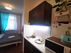 a small kitchen with a sink and a table at S7 Mint studio apartment in Klaipėda