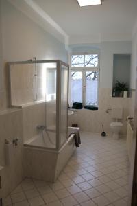 a bathroom with a shower and a tub and a toilet at Haus Gründerzeit in Görlitz +49 photos
