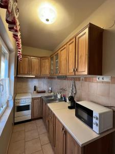 a kitchen with wooden cabinets and a white microwave at Izabella Vendégház in Balatonszárszó