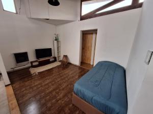 a bedroom with a blue bed and a wooden floor at Casa BAO in Río Gallegos