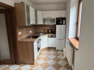 eine kleine Küche mit weißen Schränken und einer Spüle in der Unterkunft Apartmán Železná Ruda in Železná Ruda
