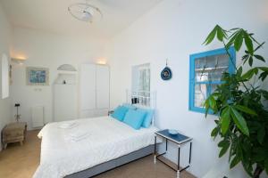 sypialnia z łóżkiem z niebieskimi poduszkami i rośliną w obiekcie Casa Annaise Mykonos - Cycladic Gem with Pool & Jacuzzi w mieście Mykonos