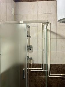 a shower with a glass door in a bathroom at Walk to Everything! in Prizren