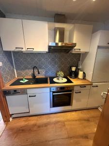 eine Küche mit weißen Schränken und einer Spüle in der Unterkunft Küstenglück in Südbrookmerland