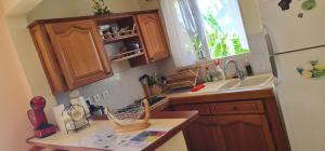 a kitchen with wooden cabinets and a white refrigerator at Vue mer et montagne in Vieux-Habitants +4 photos