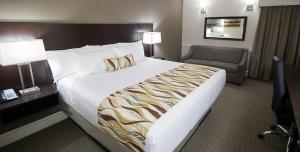 una camera d'albergo con un letto grande e una sedia di University Inn a Logan