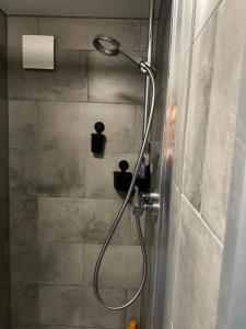 a shower with a shower head in a bathroom at Garden house, Free parking in Zandvoort +26 photos
