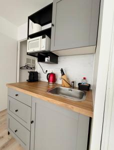 a kitchen counter with a sink and a microwave at Cosy Disney Studio - Princess & Marvel World - 6 min to Disneyland Paris in Serris +32 photos