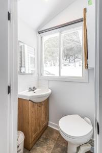 a bathroom with a toilet and a sink and a window at Cozy Lakeside Cottage in Val des Monts +34 photos