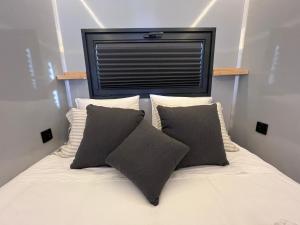 圣玛丽亚港Casa Flotante El Refugio del Pirata的床上配有两个枕头,上面设有窗户
