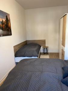 a bedroom with two beds and a painting on the wall at FeWo Blick zum Lulatsch in Chemnitz +6 photos