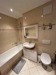 a bathroom with a sink and a toilet and a tub at FeWo Blick zum Lulatsch in Chemnitz +11 photos