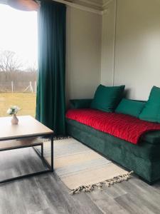 a living room with a green couch and a window at TinyHouses & Garden in Oravská Poruba