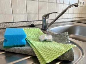 a kitchen sink with two towels and a faucet at Wieck - Ferienwohnung EVA & HANSI by Restaurant WIESENAU in Wieck +56 photos