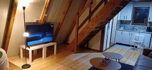 a living room with a flat screen tv on a table at Vip Villa Jagodina - Jakuzzi is free - Private parking is free - Beautiful view of nature in Jagodina