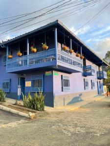 een blauw gebouw met potplanten op het balkon bij Hotel Casa Azul Jardín in Jardin