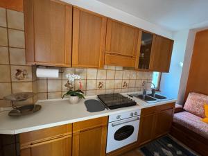 a kitchen with wooden cabinets and a stove and a sink at Casa Bruna in Vervio +3 photos