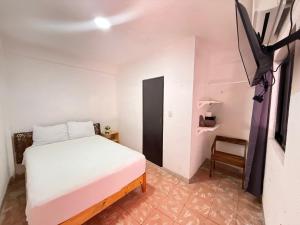 een kleine slaapkamer met een wit bed en een stoel bij Hotel Casa Caracol in Isla Mujeres