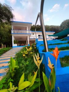 a house with blue walls and flowers in front of it at Casa 3 amigas in Troncones