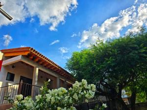 a house with a blue sky and some trees at Casa Flores in Tepoztlán +15 photos