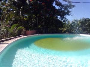 una gran piscina con agua azul en un patio en Pousada Sitio Araribá, en Ubatuba