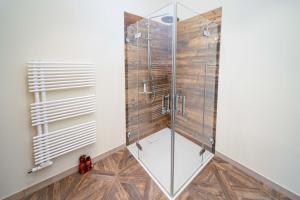 a shower with glass doors and a wooden floor at Apartment Black der Sportschule Badura in Leipzig