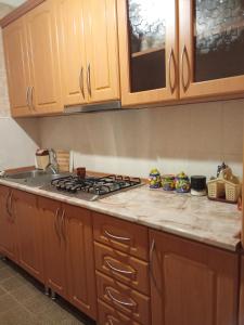 a kitchen with wooden cabinets and a stove top oven at Sirik in Yerevan +3 photos