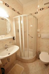 La salle de bains est pourvue d'une douche, d'un lavabo et de toilettes. dans l'établissement Hotel Filipinum, à Merano