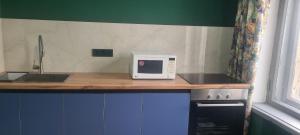 a microwave sitting on a counter in a kitchen at Opera in Bishkek +8 photos