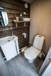 Un baño con un inodoro blanco y un lavabo. en Fell Village 4 with a Mountain View, Fireplace, Sauna, Kitchen, en Luosto