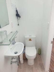 a bathroom with a white toilet and a sink at Private cabin Close to airport in Auckland