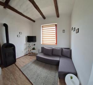 a living room with a couch and a fireplace at Mi Kis Lakunk - szállás&dézsa a szőlőhegyen in Várdomb